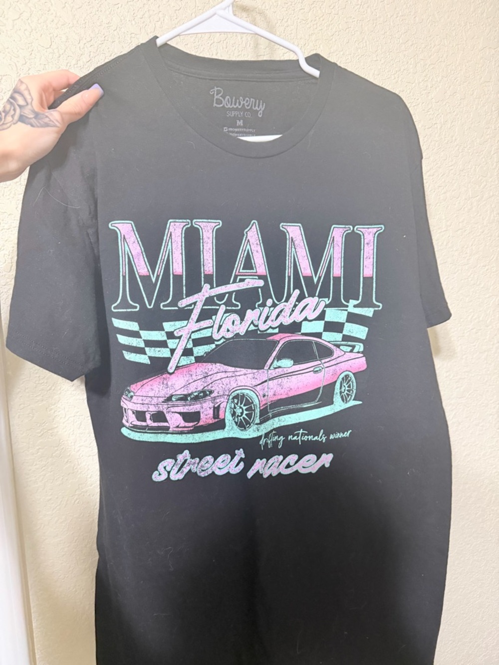 Miami Florida Street Racer Graphic Tee - Black with Pink & Teal